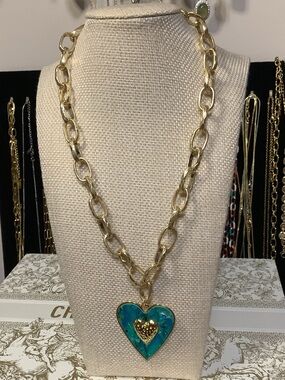 Gold Chain Necklace with Teal Heart Pendant by